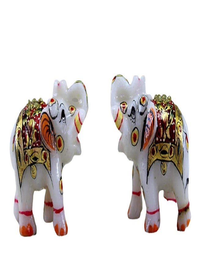 ESPLANADE Marble Elephant Family - Set of 2 - Sculpture Showpiece Figurines - Home Decor - White Multi - 3" Inches (Small) - Image 1